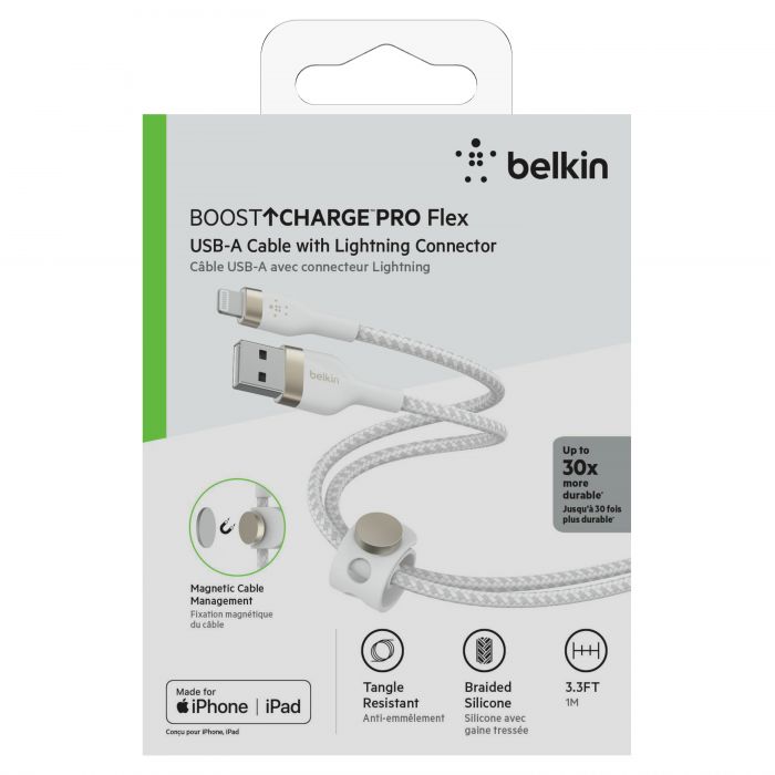 Кабель Belkin USB-A - Lightning плетений, силіконовий, з ремінцем на магніті, 1м, білий