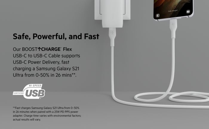 Кабель Belkin USB-С - USB-C силіконовий, з кліпсою, 2м, білий