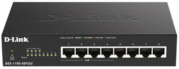 Комутатор D-Link DGS-1100-08PLV2 8xGE (4xGE PoE, 4xGE), 64Вт, Easysmart