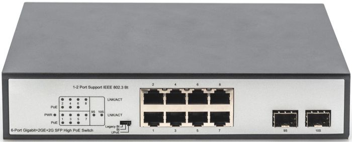 Комутатор DIGITUS 8-port Gigabit PoE+ 2 SFP Uplinks 180W Unmanaged