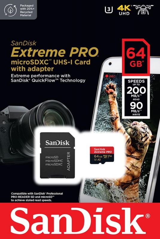 Карта пам'яті SanDisk microSD   64GB C10 UHS-I U3 R200/W90MB/s Extreme Pro V30 + SD