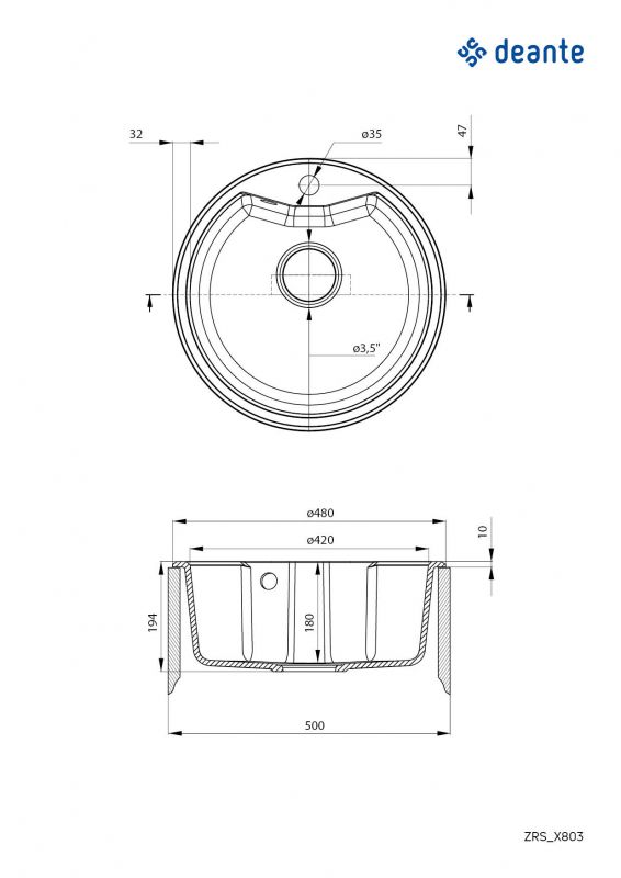 Мийка кухонна Deante Solis, граніт, круг, без крила, 480х480х194мм, чаша - 1, накладна, графіт