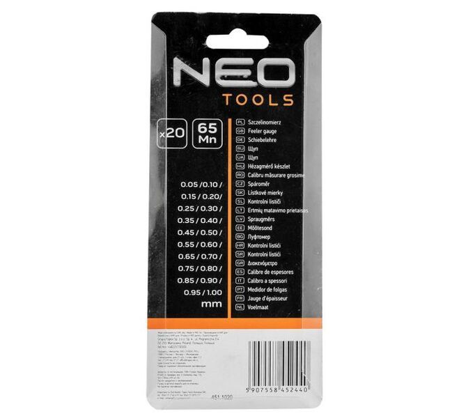 Щупи вимірювальні NEO, набір 20 пластин, 0.05 - 1.0 мм