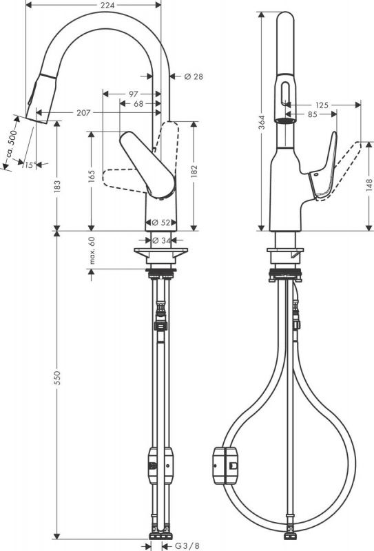 Змішувач для кухні Hansgrohe Focus M42, довж.виливу - 224мм, витяжний, 1важіль, KM180, хром