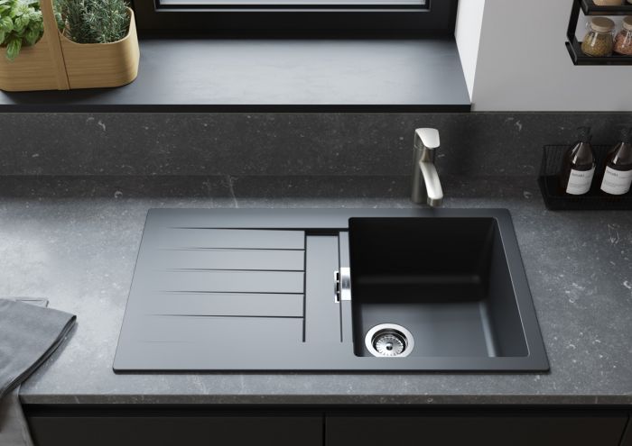 Мийка кухонна Hansgrohe S52, граніт, прямокутник, з крилом, 840х480х190мм, чаша - 2, накладна, S520-F345, чорний графіт