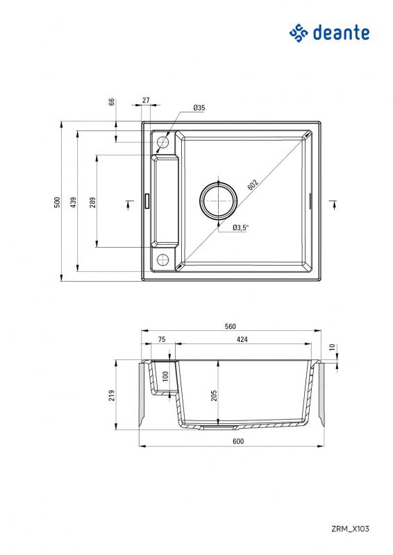 Мийка кухонна Deante Magnetic, граніт, квадрат, без крила, 560х500х219мм, чаша - 1, накладна, алебастр