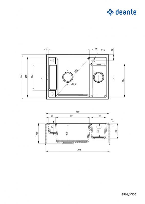 Мийка кухонна Deante Magnetic, граніт, прямокутник, без крила, 690х500х219мм, чаша - 1.5, накладна, алебастр