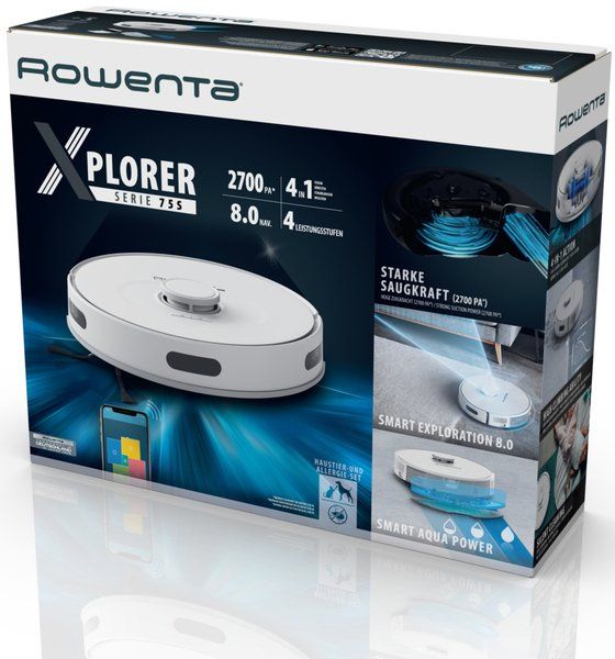 Робот-пилосос  ROWENTA X-PLORER Serie 75 S, h=9,5см, вологе прибирання, конт пил -0,4л, вода -0,3л, автон. робота до 120хв, НЕРА, управлв.через смартфон, білий