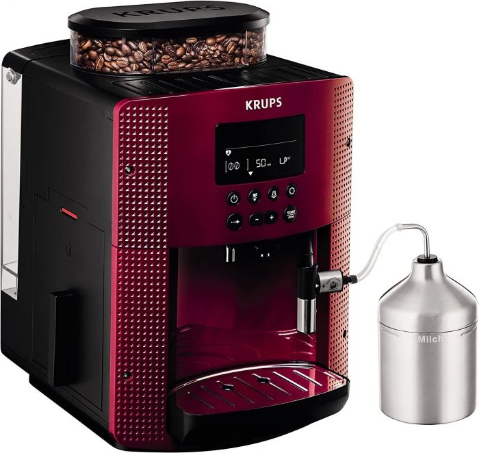Кавомашина Krups  Essential, 1,7л, зерно, автомат.капуч, ОLED диспл, метал контейнер для молок, бордово-чорний