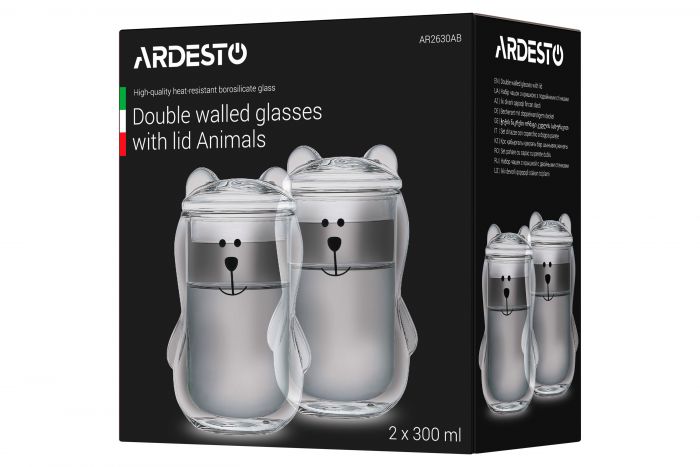 Набір чашок с крышкой Ardesto Animals з подвійними стінками, 300 мл, 2 од., боросилікатне скло