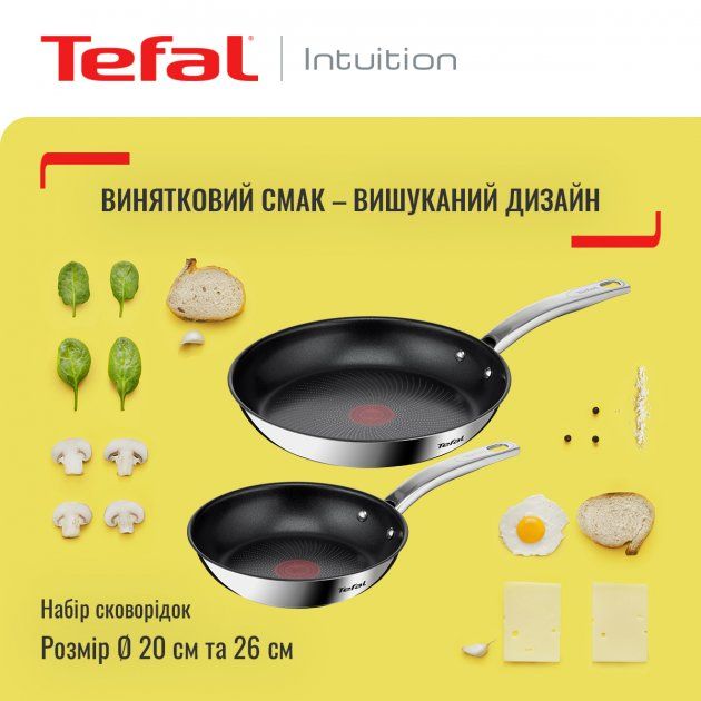 Набір сковорідок Tefal Intuition 20, 26см, покриття Titanium, індукція, Thermo-Spot, нерж.сталь