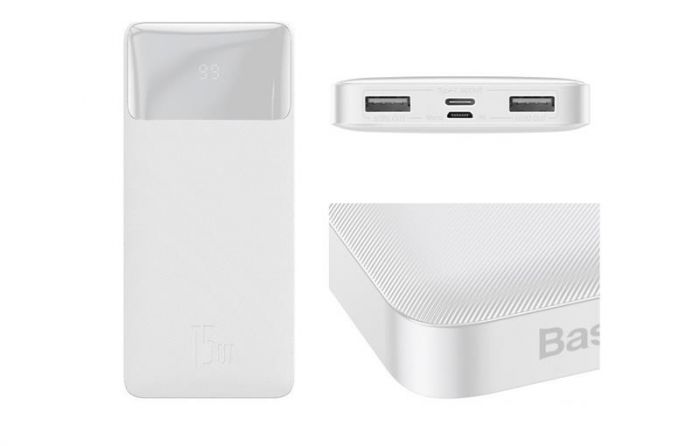 Портативний зарядний пристрій Power Bank Baseus 10000mAh 15W Bipow 2xUSB/USB-C/microUSB White