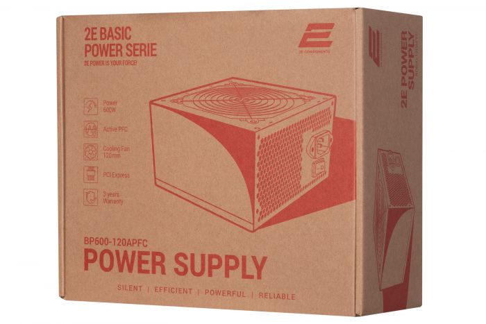 Блок живлення 2E BASIC POWER  (600W), 80%, 120mm, 1xMB 24pin(20+4), 1xCPU 8pin(4+4), 3xMolex, 4xSATA, 2xPCIe 8pin(6+2)