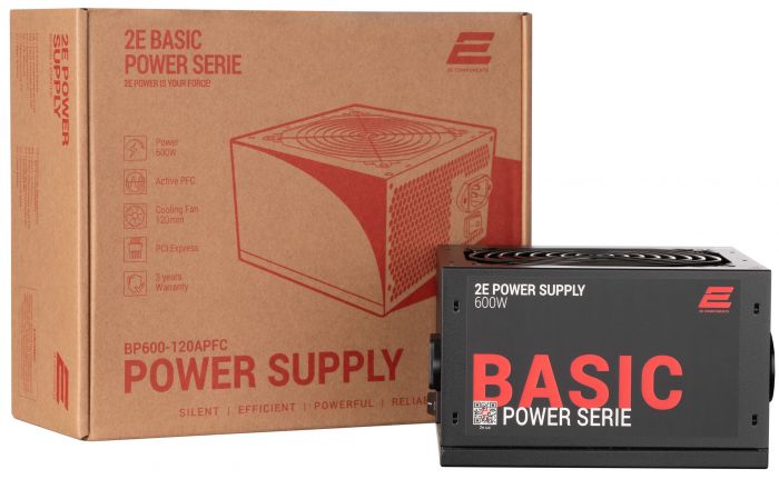 Блок живлення 2E BASIC POWER  (600W), 80%, 120mm, 1xMB 24pin(20+4), 1xCPU 8pin(4+4), 3xMolex, 4xSATA, 2xPCIe 8pin(6+2)