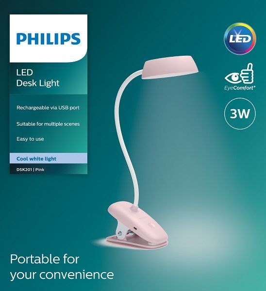 Лампа настольна Philips LED Reading Desk lamp Donutclip 3W, 4000K, 1200mAh (Lithium battery), рожевий