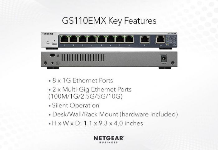 Комутатор NETGEAR GS110EMX 8x1GE, 2xMulti-Gig  (100M/1G/2.5G/5G/10G), керований