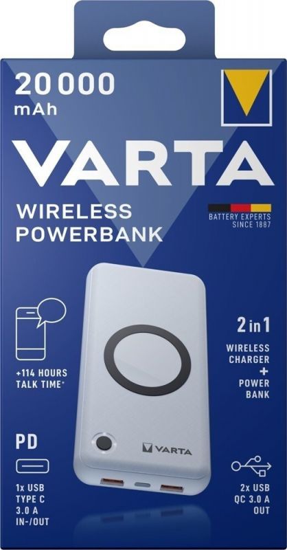 Універсальна літієва батарея Power Bank Varta 20000 mAh, Wireless, 2xUSB-A/1xUSB-C, QC 3.0, Power Delivery