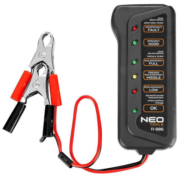 Тестер акумулятора Neo Tools, 12В, 2 затискачі типу «крокодил»