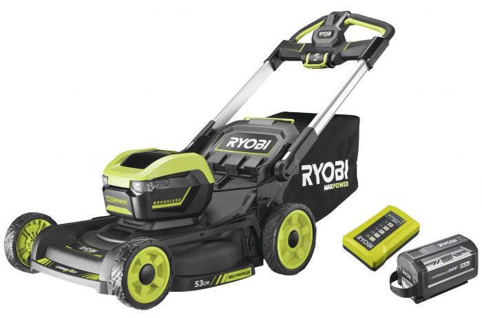 Газонокосарка акумуляторна Ryobi RY36LMXSP53A-160 самохідна, Max Power 36В, 1х6.0Аг, 53см, 30кг, 20-100мм, 3в1, LED-фари, до 3200м2