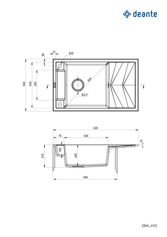 Мийка кухонна Deante Magnetic, граніт, прямокут., з крилом, 820х500х219мм, чаша - 1, накладна, сірий