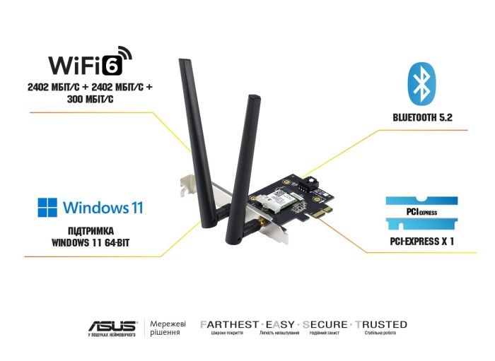 WiFi-адаптер ASUS PCE-AXE5400 Bluetooth 5.2 PCI Express WPA3 OFDMA MU-MIMO