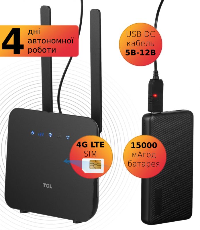 Маршрутизатор TCL LINKHUB 4G LTE Wi-Fi (HH42CV2)+Powerbank 15000мАгод+USB кабель 5V-12V