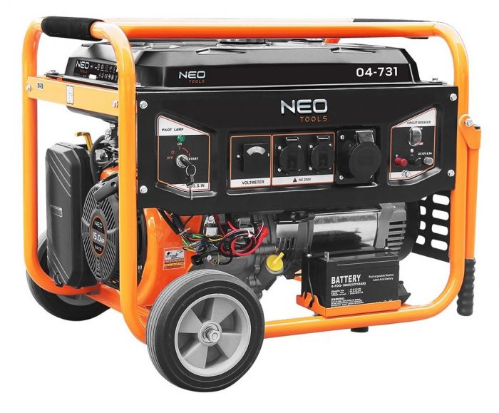 Генератор бензиновий Neo Tools 04-731, 6.0/6.5кВт, 1х12В та 2х230В (16А) та 1x230В(32А), бак 25л, 313г/кВтГ, 85 кг