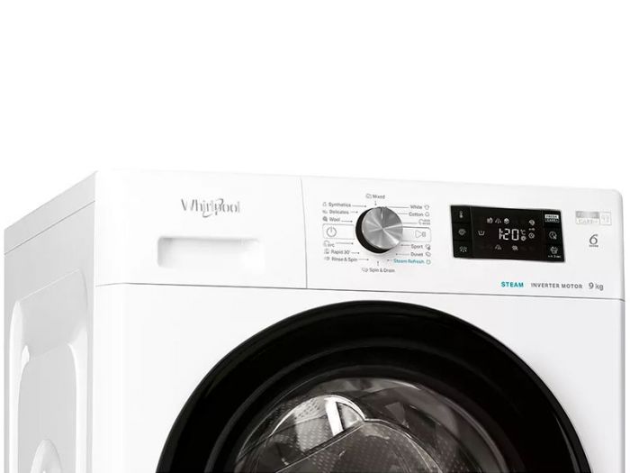 Пральна машина Whirlpool фронтальна, 9кг, 1400, A+++, 60см, дисплей, пара, інвертор, люк чорний, білий