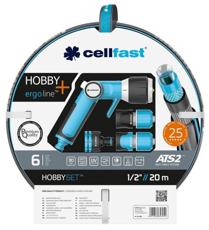Набір для поливу Cellfast HOBBY ATS2™, 1/2”, 20м з зрошувачем та комплектом підключення ERGO, шланг 6 шарів -20…+60°C