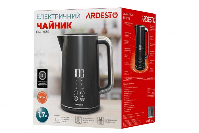 Електрочайник Ardesto EKL-X53E/1.7 л/2200 Вт/подвійні стінки/LED дисплей/Otter контроль/чорний