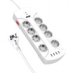 Мережевий фільтр 2E 8XSchuko із захистом від імпульсних стрибків напруги, 3G*1.5мм, 4*USB-A, 3м, white