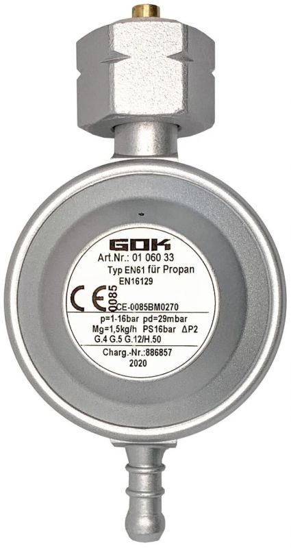 Редуктор газу низького тиску GOK, тип Kombi (тип Shell та KLF, укр. та євростандарт), 29 бар, 1.5 кг/год, W21.8x1/14 LH