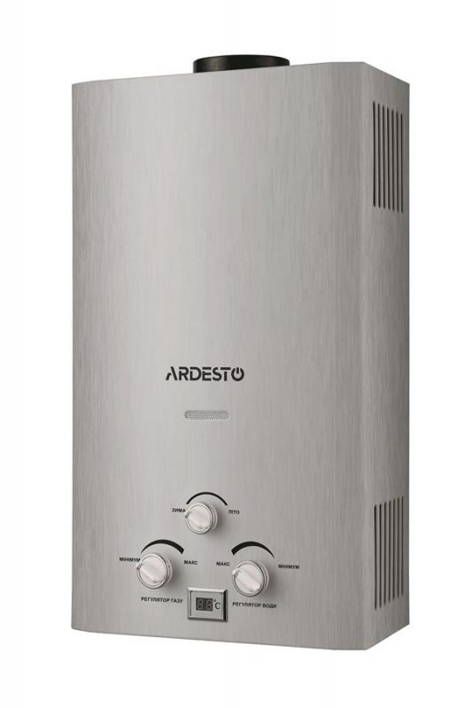 Газова колонка Ardesto X1, 10 л/хв., 20 кВт, розпалювання  від батарейок, дисплей, нерж. сталь