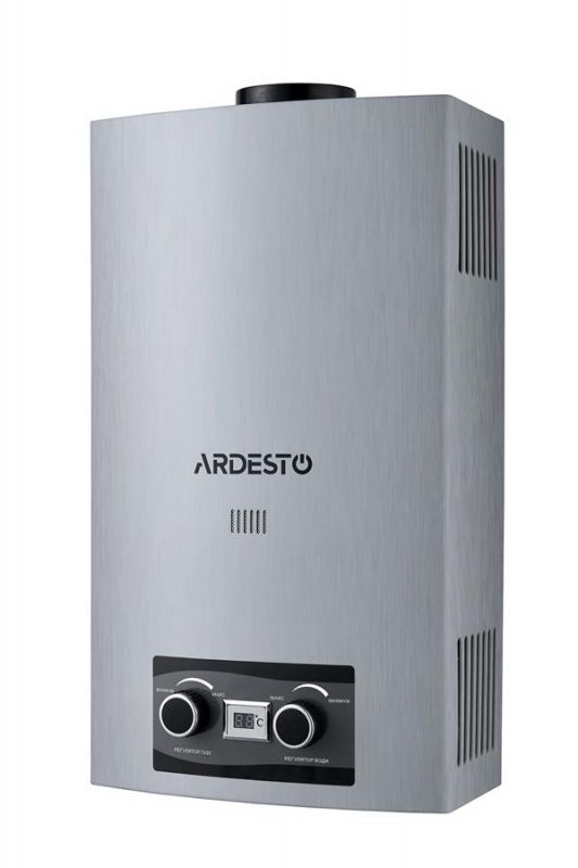 Газова колонка Ardesto X2, 10 л/хв., 20 кВт, розпалювання  від батарейок, дисплей, нерж. сталь