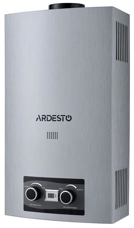 Газова колонка Ardesto X2, 10 л/хв., 20 кВт, розпалювання  від батарейок, дисплей, нерж. сталь