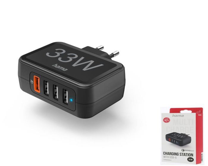 Універсальний зарядний пристрій Hama 4 x USB-A QC, Qualcomm® 3.0, 33W Black