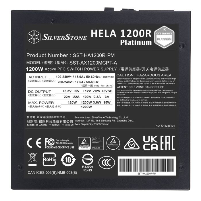 Блок живлення SilverStone Hela Cybenetics HA1200R-PM  (1200W), >90%, 80+ Platinum, 135mm, 1xMB 24pin(20+4), 2xCPU 8pin(4+4), 3xMolex, 12xSATA, 6xPCIe 8pin(6+2),1x(12+4)pin 12VHPWR, 1xFDD, Fully Modular