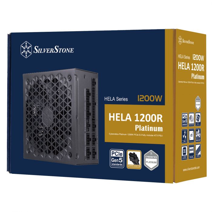 Блок живлення SilverStone Hela Cybenetics HA1200R-PM  (1200W), >90%, 80+ Platinum, 135mm, 1xMB 24pin(20+4), 2xCPU 8pin(4+4), 3xMolex, 12xSATA, 6xPCIe 8pin(6+2),1x(12+4)pin 12VHPWR, 1xFDD, Fully Modular