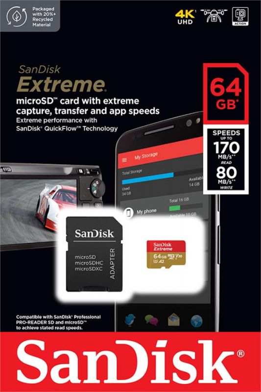 Карта пам'яті SanDisk microSD   64GB C10 UHS-I U3 R170/W80MB/s Extreme V30 + SD