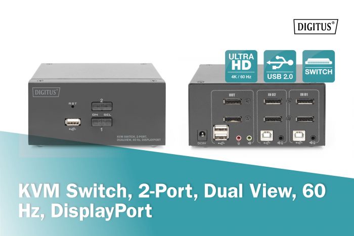 Комутатор DIGITUS Desktop DisplayPort KVM, 2 Port, Dual Display, 4K