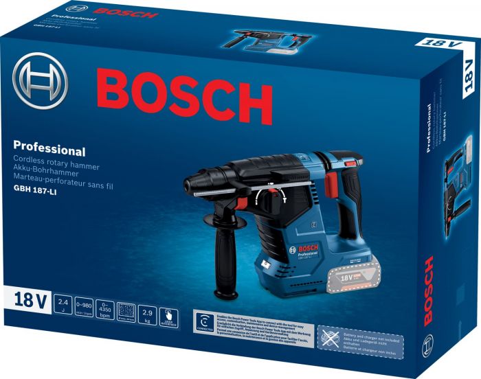 Перфоратор Bosch GBH 187-LI Professional акумуляторний, 18 В, SDS-Plus, 2.4 Дж, 980 об/хв, 2.9 кг, без АКБ та ЗП