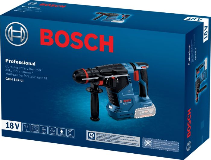 Перфоратор акумуляторний Bosch GBH 187-LI, патрон SDS-plus 24мм, 18В, 2.4Дж, 3 режими, 980об/хв, 3кг, без АКБ та ЗП