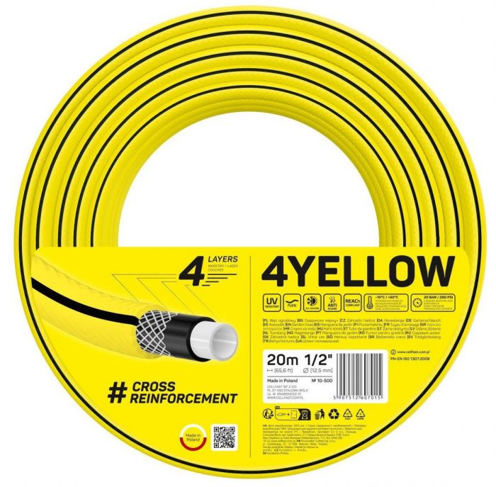 Шланг садовий Cellfast 4YELLOW 1/2" 20м, 4 шари, до 20 Бар, -10…+50°C