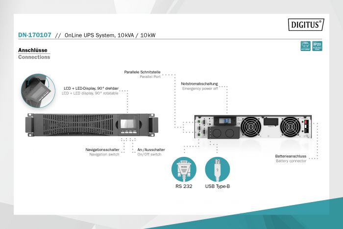 Силовий блок DIGITUS Power Module, 10kVA/10kW, LCD, Hardwire In/Out, RS232, USB, Rack/Tower