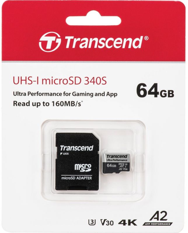 Карта пам'яті Transcend microSD  64GB C10 UHS-I U3 A2 R160/W80MB/s + SD