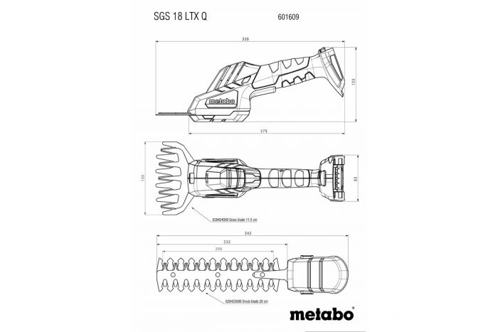 Ножиці для трави акумуляторні Metabo SGS 18 LTX Q, 18В 2.0Аг, лезо 11.5 см, + насадка для кустів 20см, 1.2кг