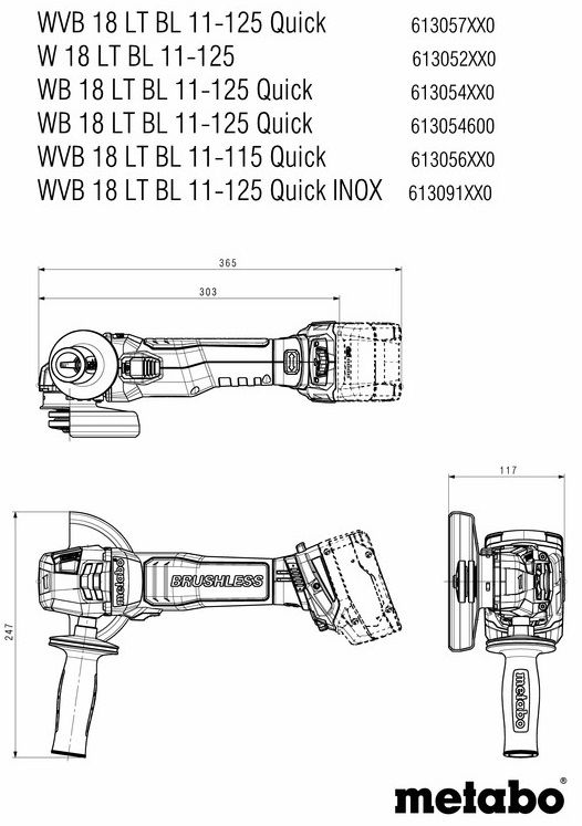 Шліфмашина кутова акумуляторна Metabo WVB 18 LT BL 11-125, 125мм, 18В, 2800-10000об/хв, М14, 1.8кг, без АКБ та ЗП