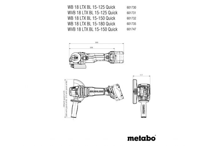 Шліфмашина кутова акумуляторна Metabo WVB 18 LTX BL 15-125 QUICK, 125мм, 18В, 2500-10000об/хв, М14, 2кг, без АКБ та ЗП
