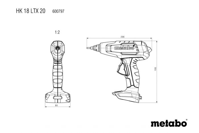 Клеєвий пістолет акумуляторний Metabo HK 18 LTX 20, 18В, діаметр 11мм, 20г/хв, 200/130 градусів, 0.4кг, без АКБ та ЗП