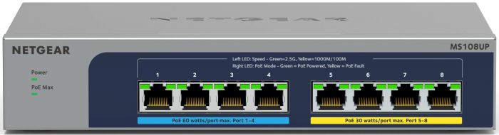 Комутатор NETGEAR MS108UP, 4x2,5GE PoE+, 4x2,5GE PoE++(60Вт/порт), 230Вт, некерований